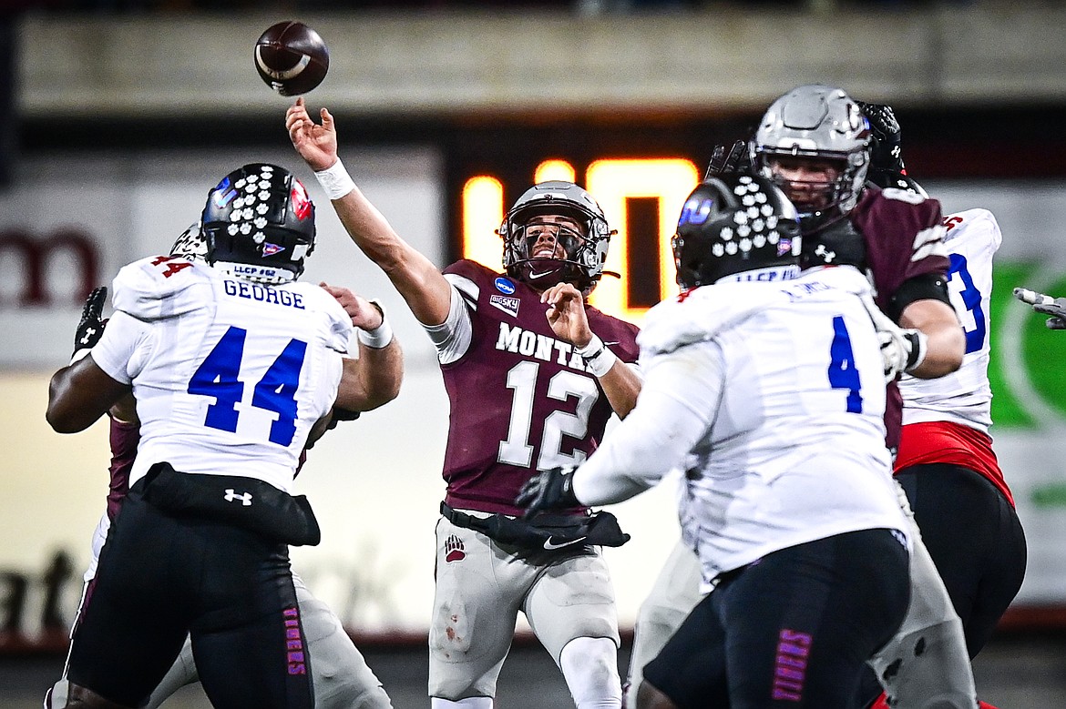 Grizzlies quarterback Logan Fife (12) drops back to pass in the third quarter against Tennessee State in the first round of the FCS Playoffs at Washington-Grizzly Stadium on Saturday, Nov. 30. (Casey Kreider/Daily Inter Lake)