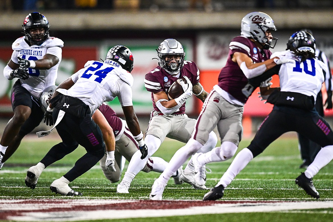 Grizzlies running back Malae Fonoti (7) picks up yardage on a run in the third quarter against Tennessee State in the first round of the FCS Playoffs at Washington-Grizzly Stadium on Saturday, Nov. 30. (Casey Kreider/Daily Inter Lake)