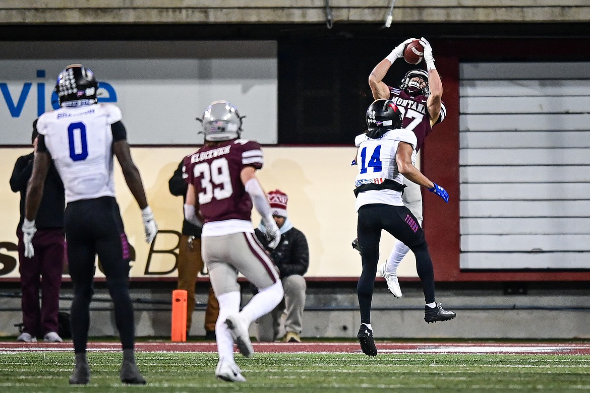 Grizzlies safety Trevin Gradney (37) intercepts a pass in the fourth quarter against Tennessee State in the first round of the FCS Playoffs at Washington-Grizzly Stadium on Saturday, Nov. 30. (Casey Kreider/Daily Inter Lake)