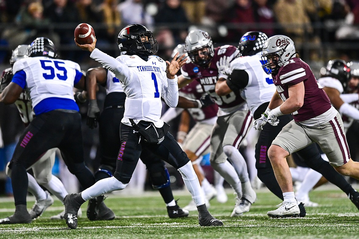 Tennessee State quarterback Draylen Ellis (1) drops back to pass in the fourth quarter against Montana in the first round of the FCS Playoffs at Washington-Grizzly Stadium on Saturday, Nov. 30. (Casey Kreider/Daily Inter Lake)