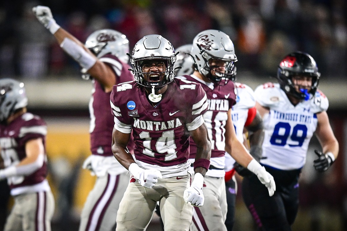 Grizzlies cornerback Kyon Loud (14) celebrates after a tackle in the second quarter against Tennessee State at Washington-Grizzly Stadium on Saturday, Nov. 30. (Casey Kreider/Daily Inter Lake)