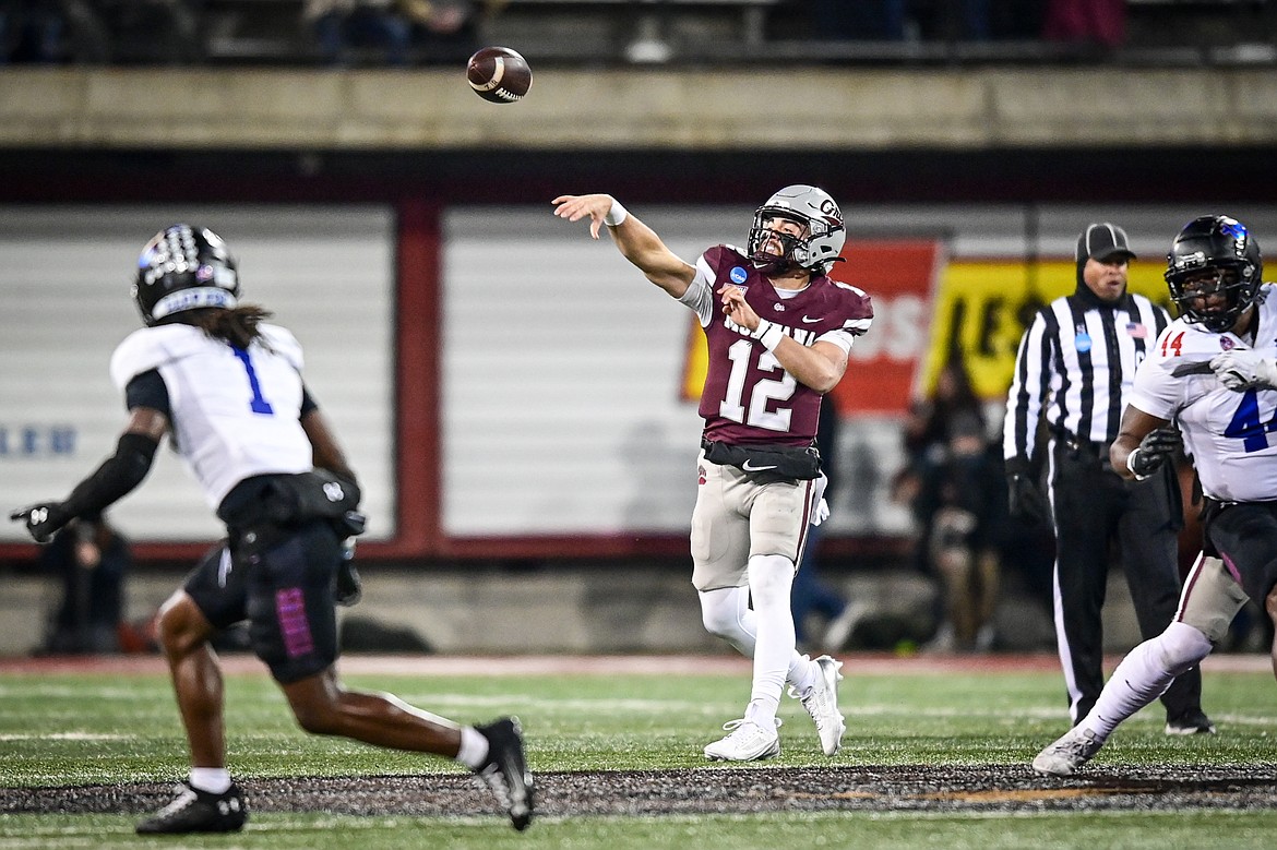 Grizzlies quarterback Logan Fife (12) drops back to pass in the first quarter against Tennessee State at Washington-Grizzly Stadium on Saturday, Nov. 30. (Casey Kreider/Daily Inter Lake)