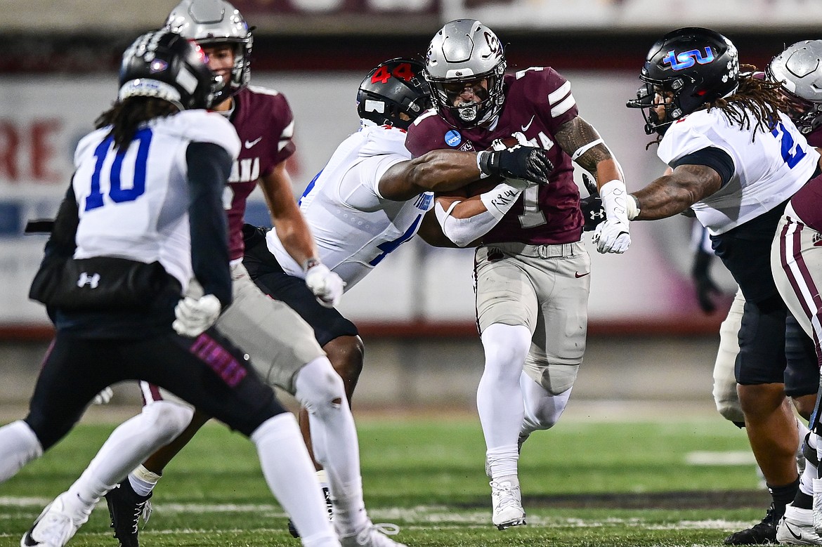 Grizzlies running back Malae Fonoti (7) picks up yardage on a run in the second quarter against Tennessee State at Washington-Grizzly Stadium on Saturday, Nov. 30. (Casey Kreider/Daily Inter Lake)