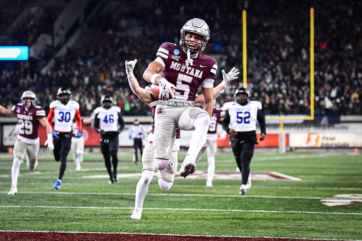 Grizzlies returner Junior Bergen (5) leaps into the end zone on a 52-yard punt return for a touchdown in the third quarter against Tennessee State in the first round of the FCS Playoffs at Washington-Grizzly Stadium on Saturday, Nov. 30. (Casey Kreider/Daily Inter Lake)Click here to order photo reprints.