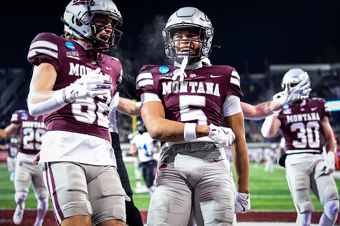 Grizzlies returner Junior Bergen (5) celebrates in the end zone after a 52-yard punt return for a touchdown in the third quarter against Tennessee State in the first round of the FCS Playoffs at Washington-Grizzly Stadium on Saturday, Nov. 30. (Casey Kreider/Daily Inter Lake)