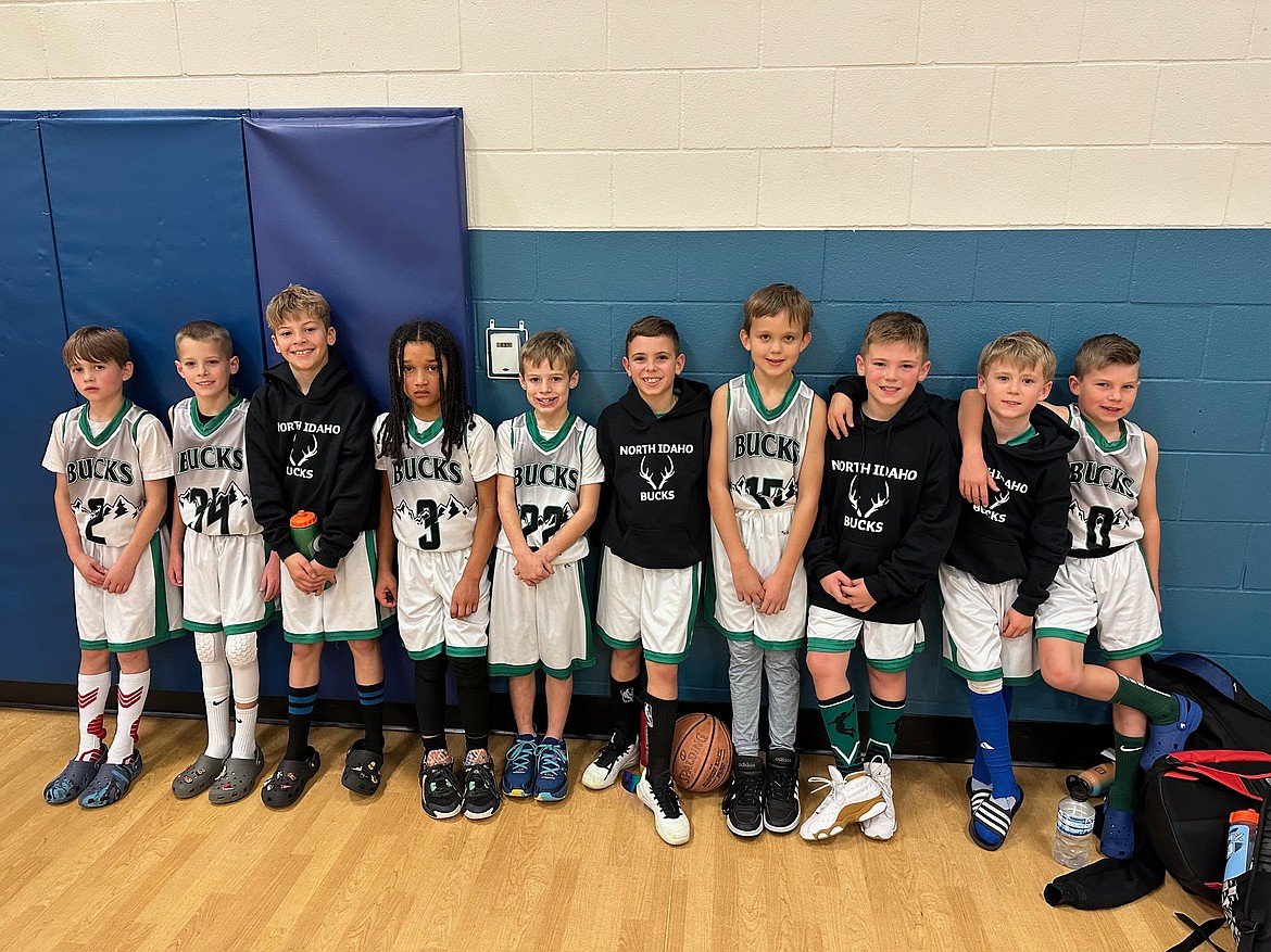 Courtesy photo
The North Idaho Bucks third grade boys basketball team just wrapped up its season in the Post Falls Competitive League fourth grade boys division and finished the second half of the season on a 3-1 run with wins over the Hayden Bucks (36-4), Sandpoint Future 3B (33-25), Lakeland Elite 4B (17-16), and a loss to Sandpoint Future 4B (29-17). From left are Camden Galvin, Mason Gallagher, Ethan Braga, Joey Terracciano, Greyson Guy, Carter Birdsall, Gideon Milligan, Mason Scholten, Graham Brown and Estes Hartley.