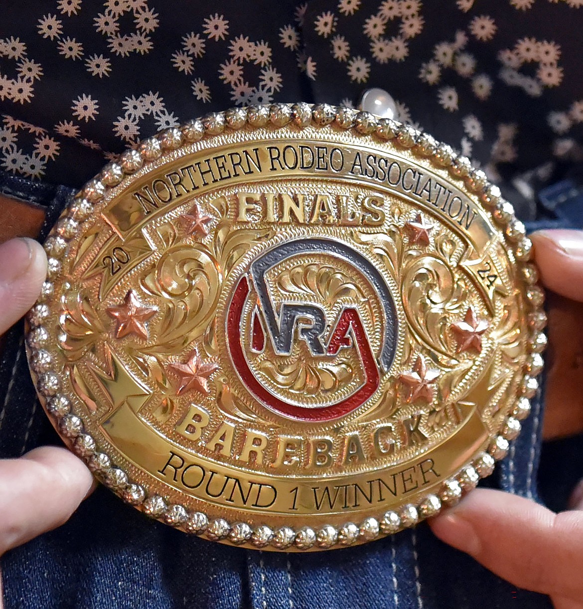 Buckles are awarded to winners in several of the rodeo events. (Julie Engler/Whitefish Pilot)