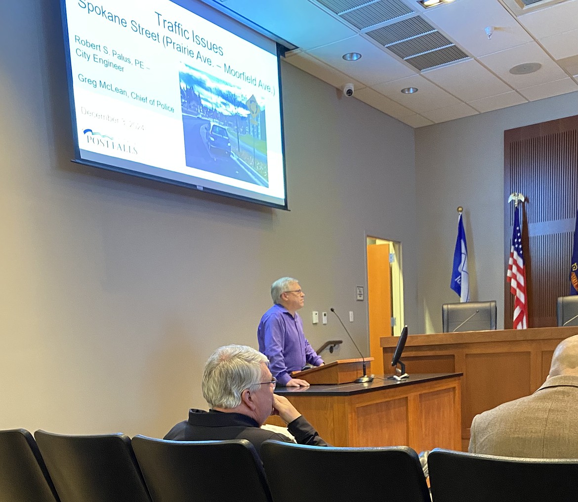 Rob Palus addresses traffic concerns from city councilors regarding Spokane Street during the City Council meeting Tuesday in council chambers.