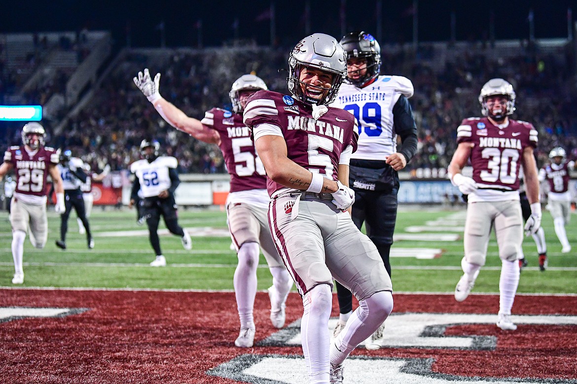 Grizzlies returner Junior Bergen (5) celebrates in the end zone after a 52-yard punt return for a touchdown in the third quarter against Tennessee State in the first round of the FCS Playoffs at Washington-Grizzly Stadium on Saturday, Nov. 30. (Casey Kreider/Daily Inter Lake)