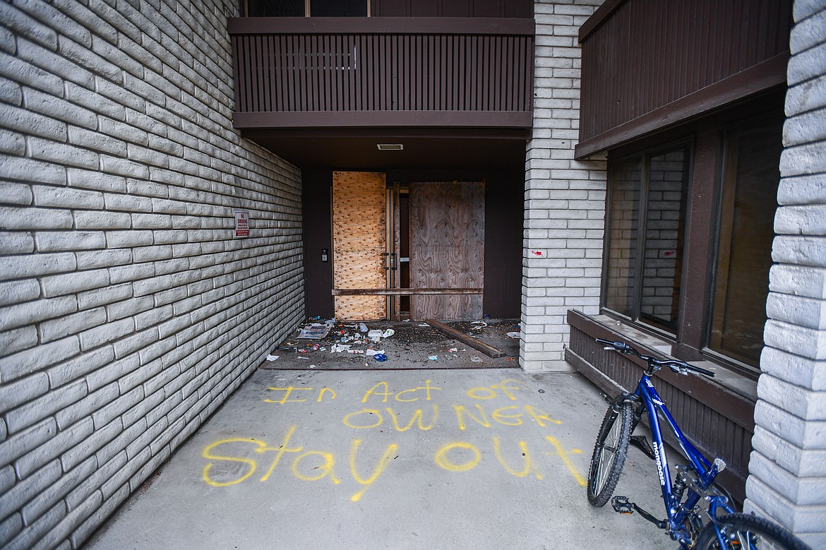 A boarded-up doorway at the former Fairbridge Inn & Suites and Outlaw Convention Center in Kalispell on Wednesday, Dec. 4. (Casey Kreider/Daily Inter Lake)