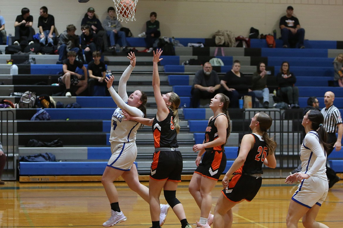 Soap Lake junior Brooke Dana (4) lays the ball up toward the basket while being fouled against Republic on Tuesday. Dana scored nine points in the game, all of which came in the second half.