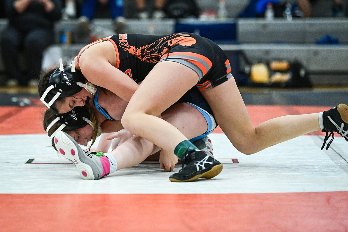 Flathead's Danica Hennel wrestles Great Falls' Andrea Kennedy at 110 lbs. at Flathead High School on Saturday, Dec. 7. (Casey Kreider/Daily Inter Lake)