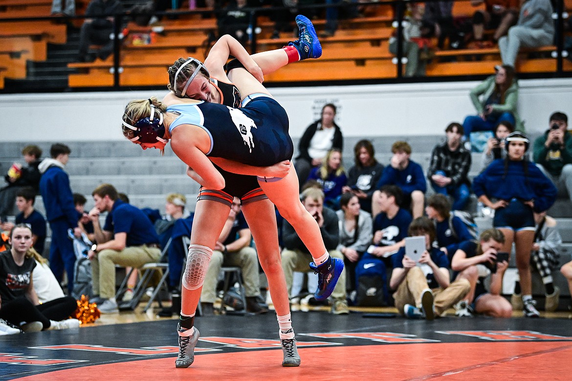 Flathead's Julia Kay wrestles Great Falls' Kyndra Ducharme at 130 lbs. at Flathead High School on Saturday, Dec. 7. (Casey Kreider/Daily Inter Lake)