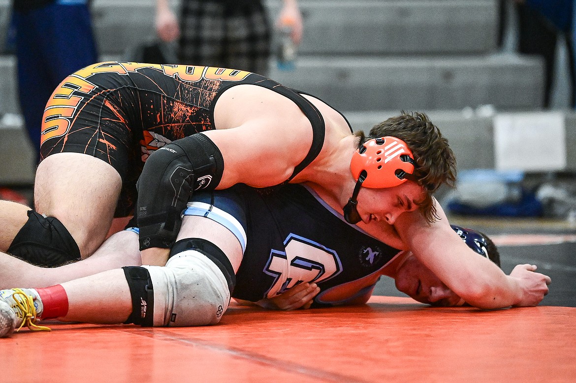 Flathead's Conor LeDuc wrestles Great Falls' Damen Furthmyre at 215 lbs. at Flathead High School on Saturday, Dec. 7. (Casey Kreider/Daily Inter Lake)