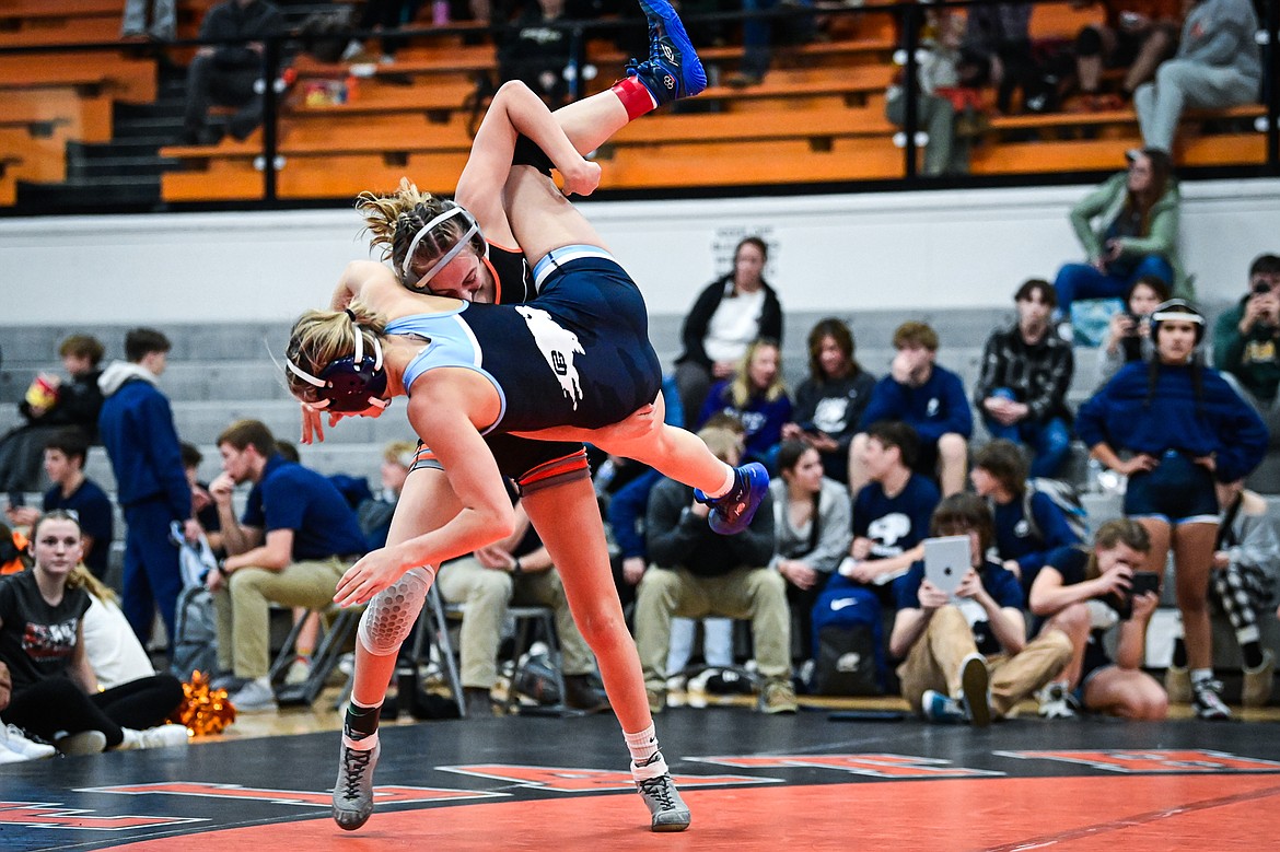 Flathead's Julia Kay wrestles Great Falls' Kyndra Ducharme at 130 lbs. at Flathead High School on Saturday, Dec. 7. (Casey Kreider/Daily Inter Lake)