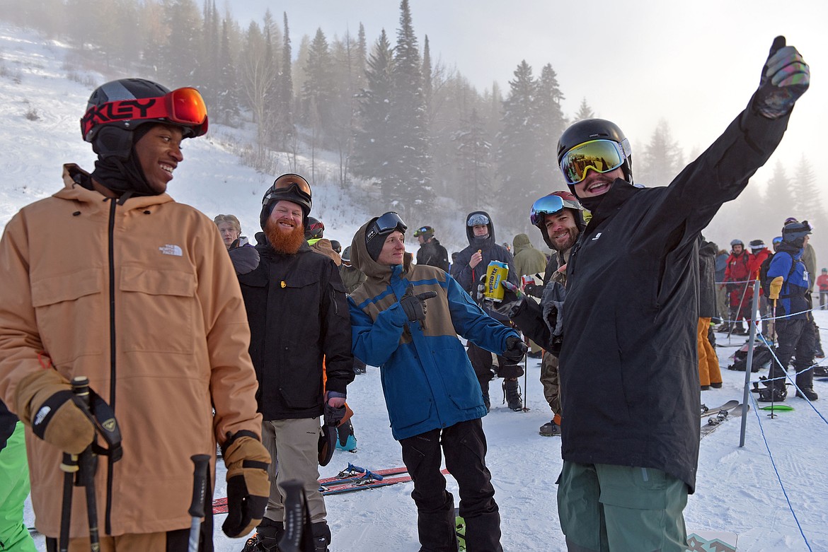 The stoke was high in the opening day line for Chair 1 on the Big Mountain Thursday. (Julie Engler/Whitefish Pilot)