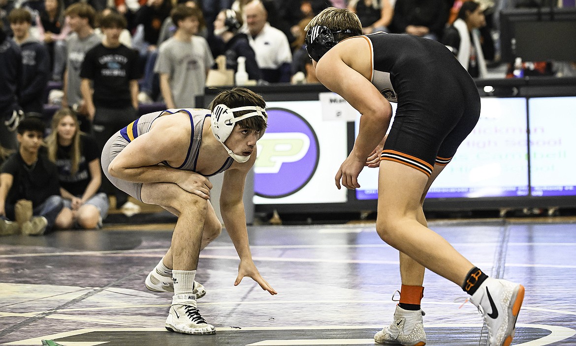 Libby's Nicholas Campbell eyes up his opponent at the Owen Invitational wrestling tournament Saturday, Dec. 7, 2024, in Polson. (Seth Anderson Photography)