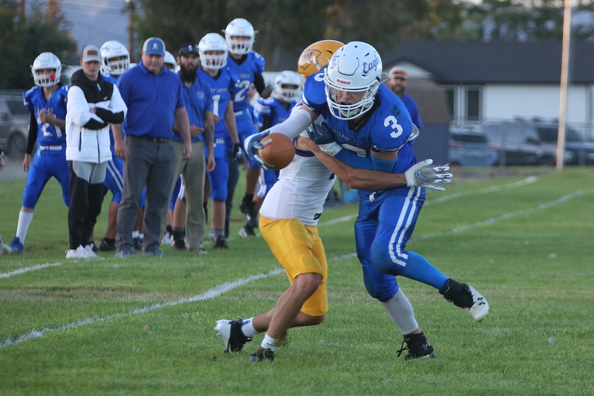 Soap Lake senior Robby Fisher (3) extends toward the goal line for a touchdown during a game against Wellpinit this season.