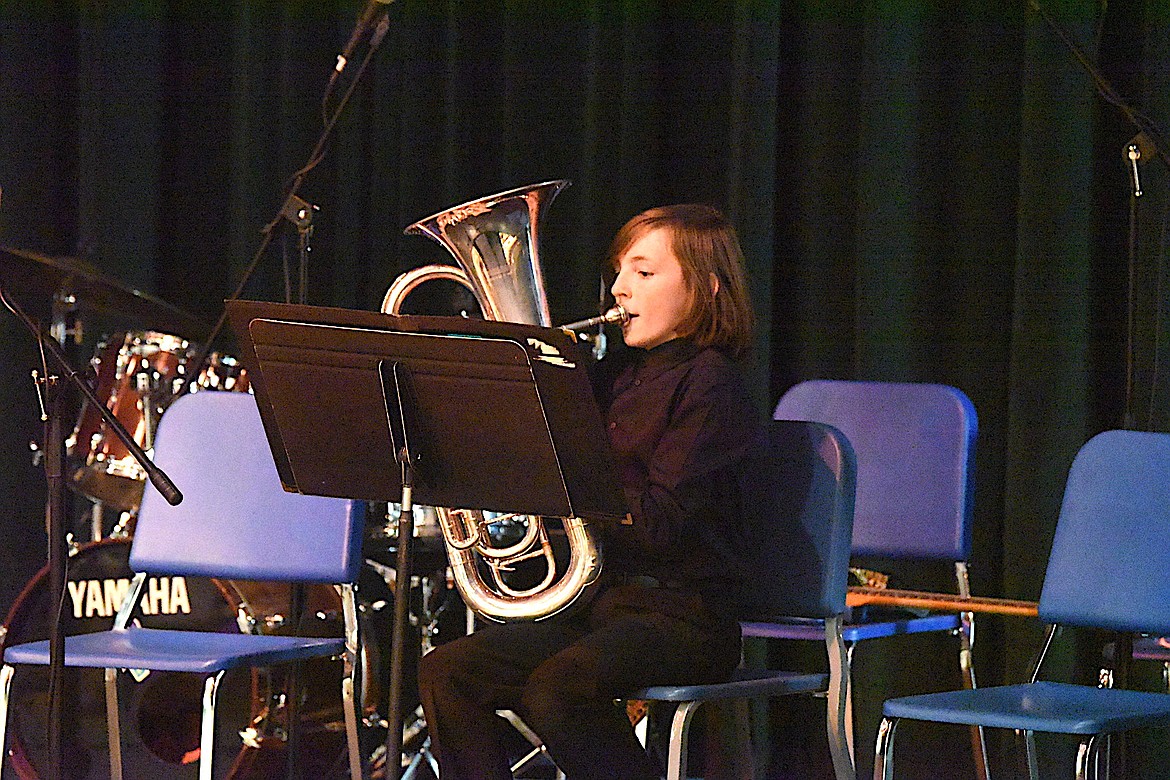 Libby High School band member Connor O'Keefe performs "It's Beginning to Look a Lot Like Christmas" during the Dessert Concert Tuesday, Dec. 10, 2024, at the Memorial Center. (Scott Shindledecker/The Western News)