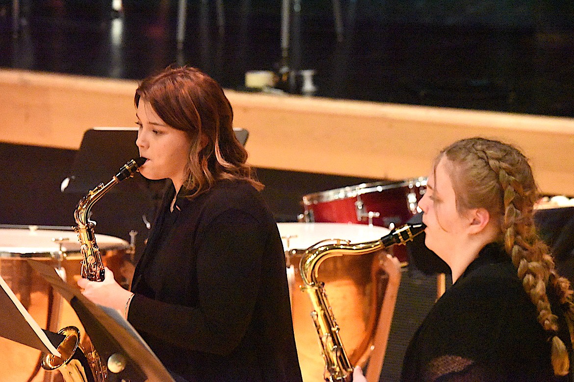 Libby High School band members Lucy DeShazer and Kayla Mesenbrink perform "Joy to the World" during the Dessert Concert Tuesday, Dec. 10, 2024, at the Memorial Center. (Scott Shindledecker/The Western News)