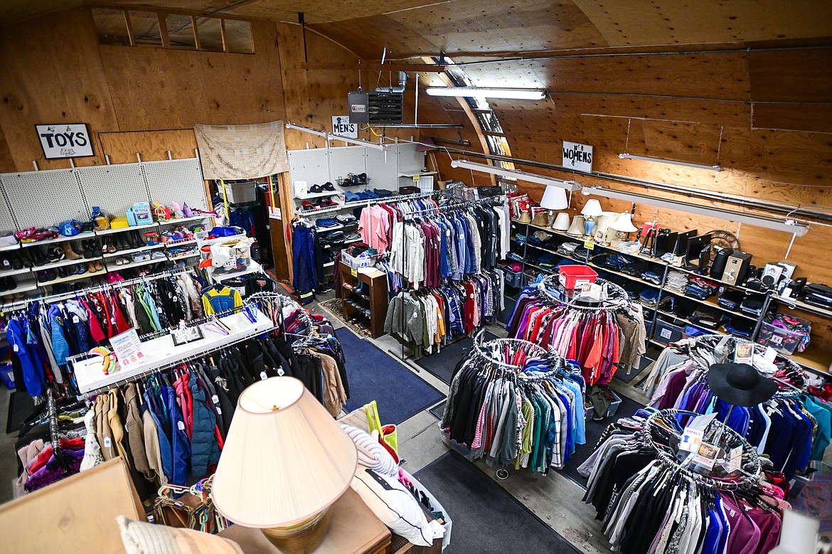 Racks of clothing, shoes, electronic items and home furnishings at Hope Thrift in Kalispell on Wednesday, Dec. 11. (Casey Kreider/Daily Inter Lake)