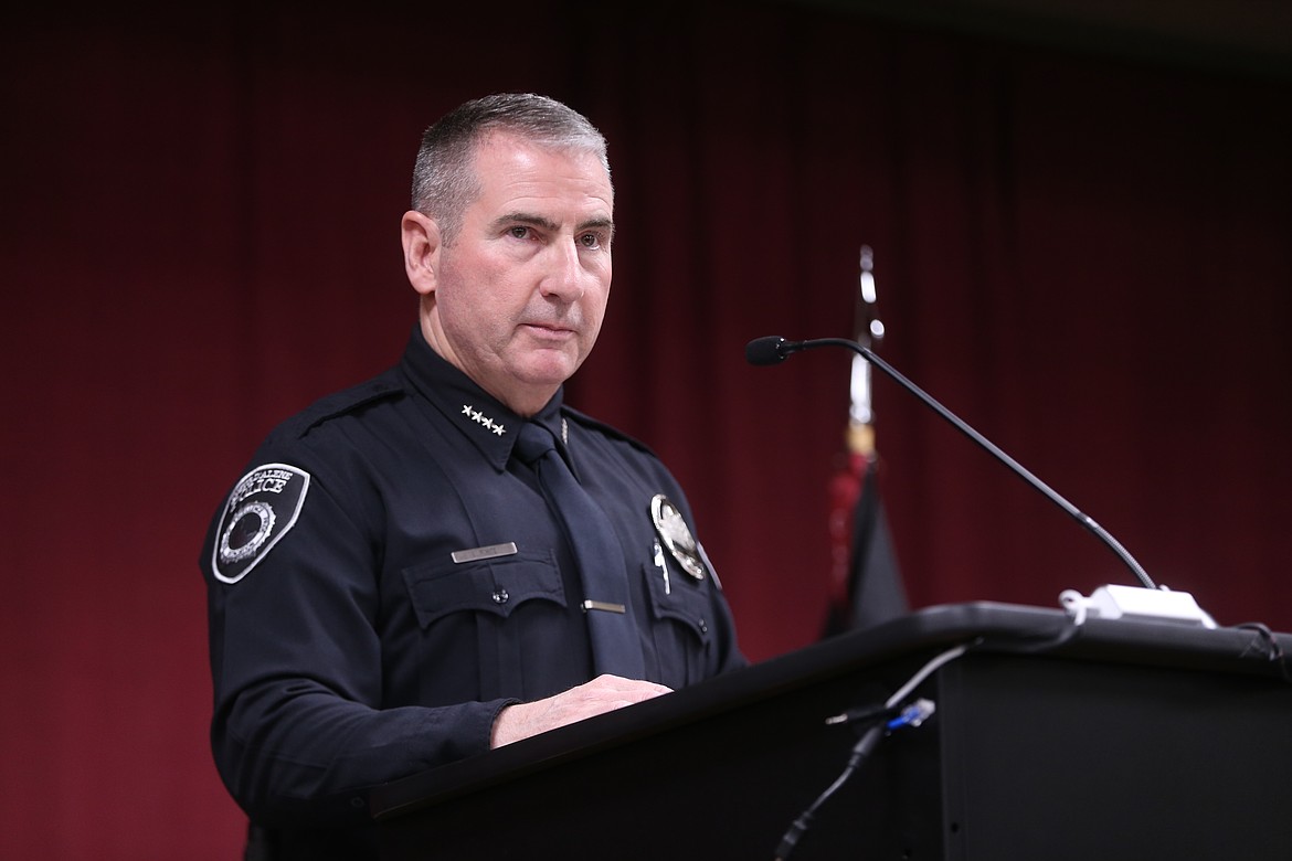 Coeur d'Alene Police Chief Lee White addresses patrol academy graduates Thursday.