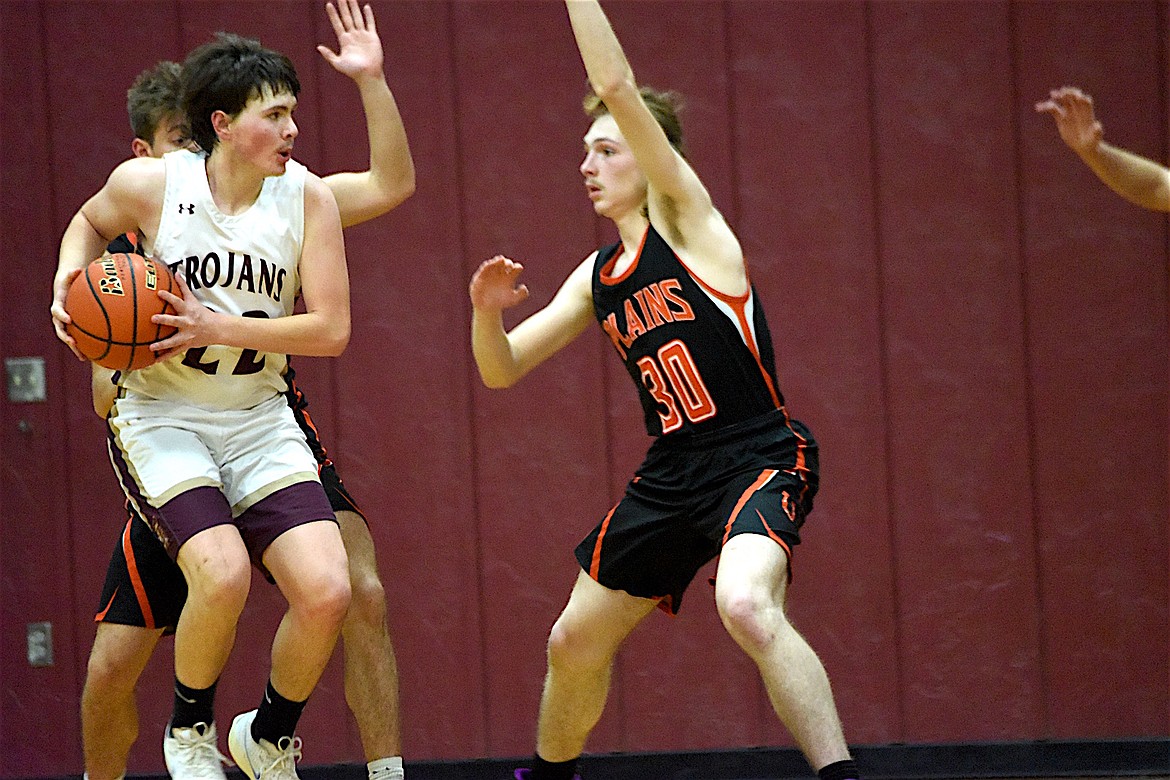 Troy's Emerson Downey hit two big 3-pointers to help the Trojans beat the Plains Horsemen, 49-33, Saturday, Dec. 14, 2024, at the Troy Activity Center. (Scott Shindledecker/The Western News)