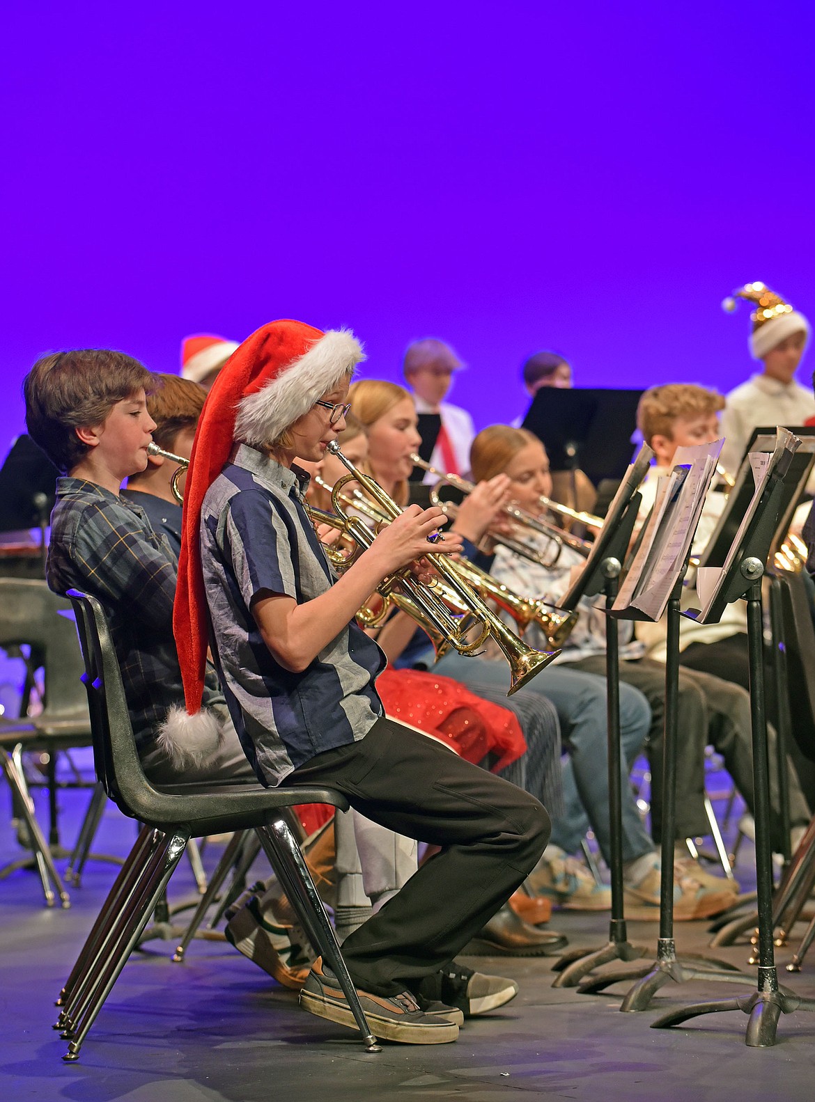 Arthur McIntosh and Henry Galbraith played in the seventh-grade band concert. (Julie Engler/Whitefish Pilot)