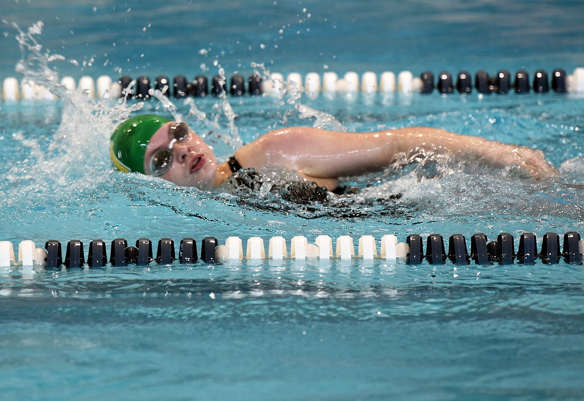 A bulldog swimmer competes in the 100-yard freestyle at the Kalispell invite on Dec. 14. (Kelsey Evans/Whitefish Pilot)