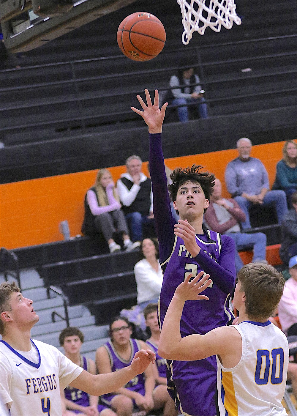 Polson's Malakai Curley makes a jump shot during Saturday's game against Fergus, helping the Pirates earn their second victory in the Frenchtown Tip-Off Tournament. (Bob Gunderson photo)