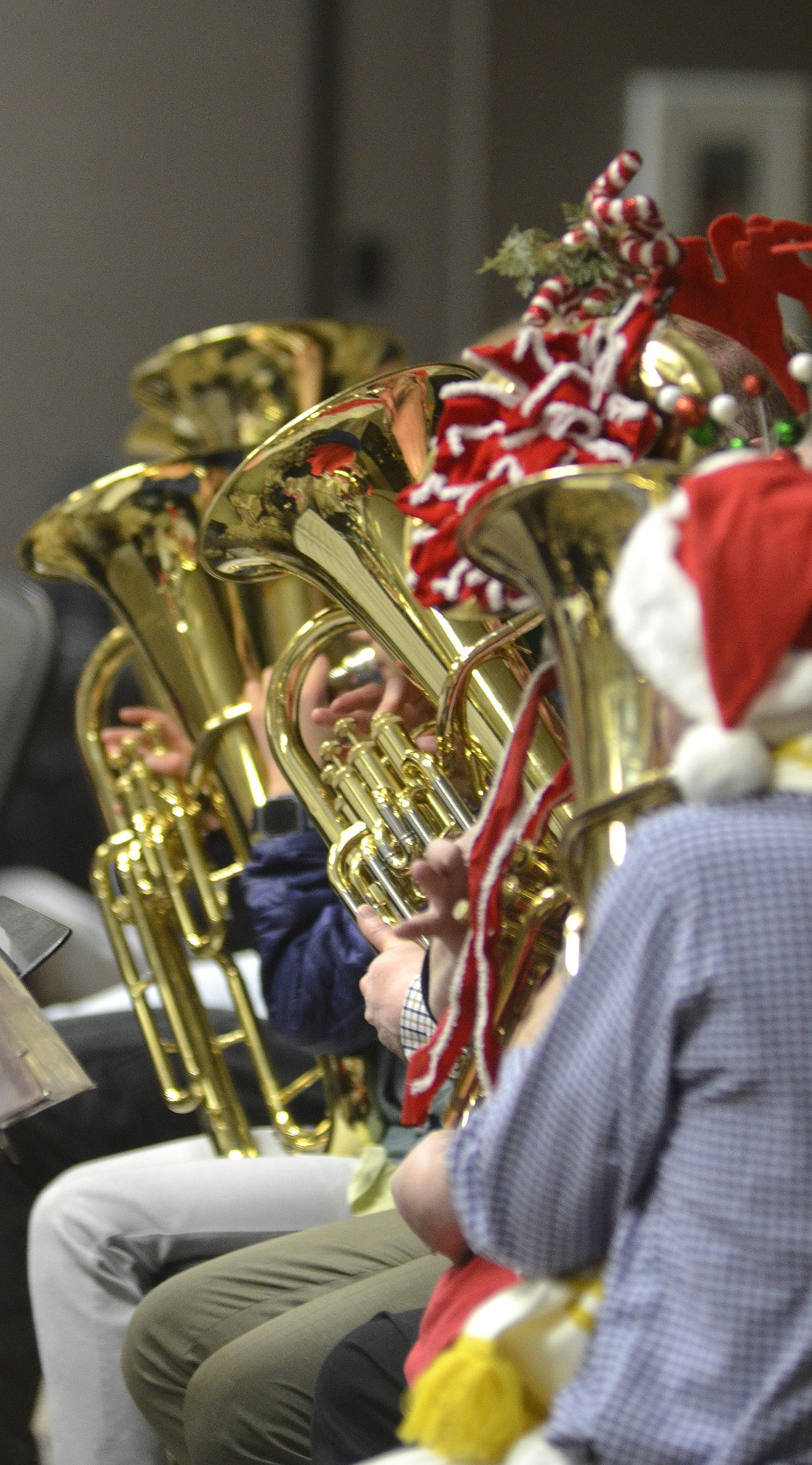 A line of instruments is seen at the TubaChristmas concert Dec.16 at the Red Lion Hotel. (Heidi Desch/Daily Inter Lake)