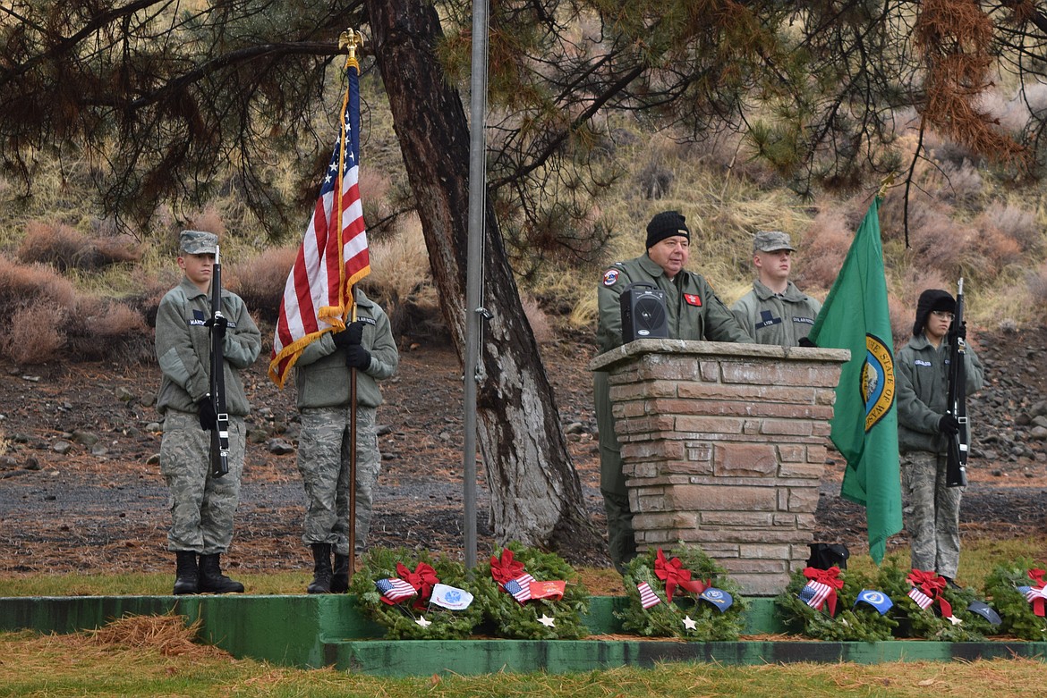 Retired Air Force Col. Roger Patry speaks at the opening ceremony of Wreaths Across America Dec. 13 in Ephrata.