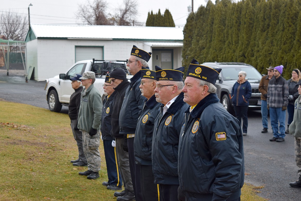 Legionnaires from American Legion Post 28 in Ephrata attend the opening ceremony of Wreaths Across America in Ephrata Dec. 13. More than 1,000 veterans were honored at cemeteries in Ephrata, Soap Lake, Quincy and Stratford.