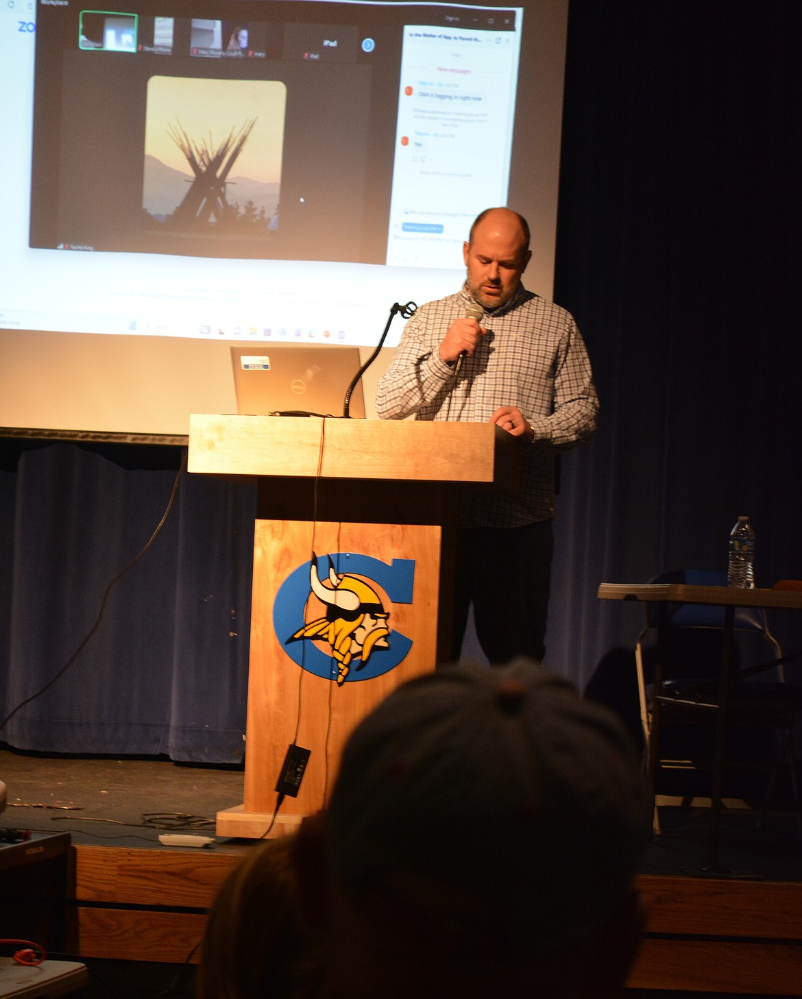 Mike Ahmer presented on behalf of the Department of Lands during an administrative hearing concerning Marina 33 in Post Falls Wednesday night at Coeur d'Alene High School.