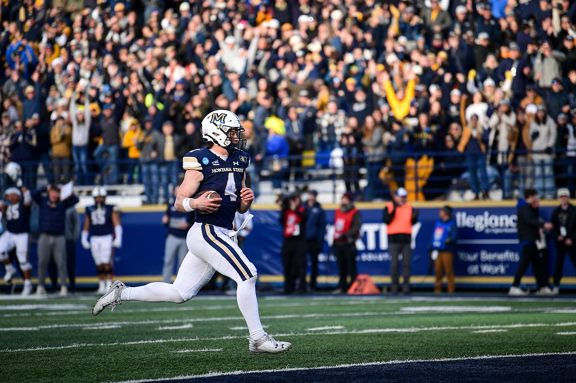 Montana State quarterback Tommy Mellott (4) scores a touchdown on a 41-yard run in the third quarter during an FCS semifinal game against South Dakota at Bobcat Stadium on Saturday, Dec. 21. (Casey Kreider/Daily Inter Lake)