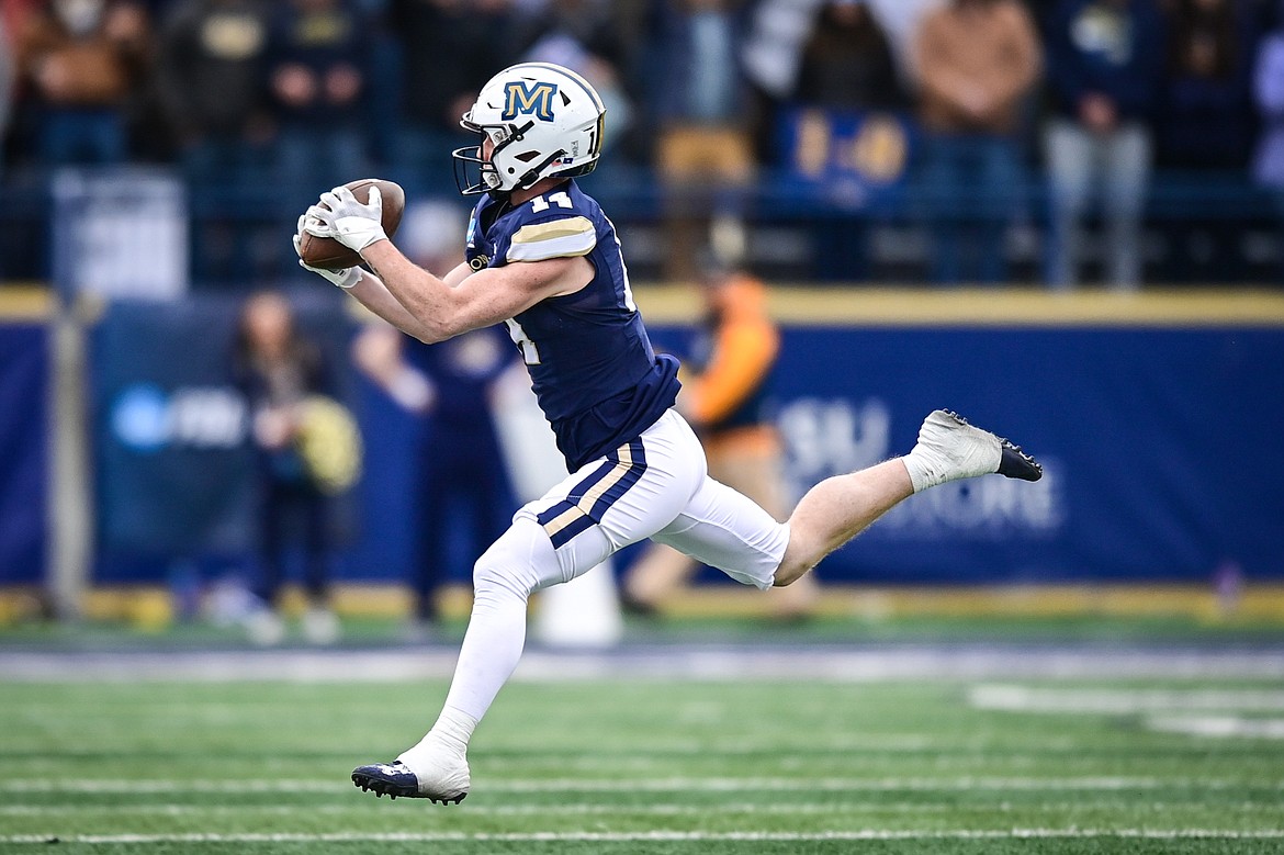 Montana State wide receiver Taco Dowler (14) catches a pass in the first quarter during an FCS semifinal game against South Dakota at Bobcat Stadium on Saturday, Dec. 21. (Casey Kreider/Daily Inter Lake)