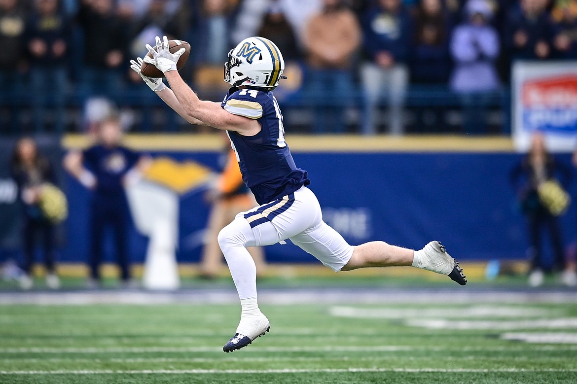 Montana State wide receiver Taco Dowler (14) catches a pass in the first quarter during an FCS semifinal game against South Dakota at Bobcat Stadium on Saturday, Dec. 21. (Casey Kreider/Daily Inter Lake)