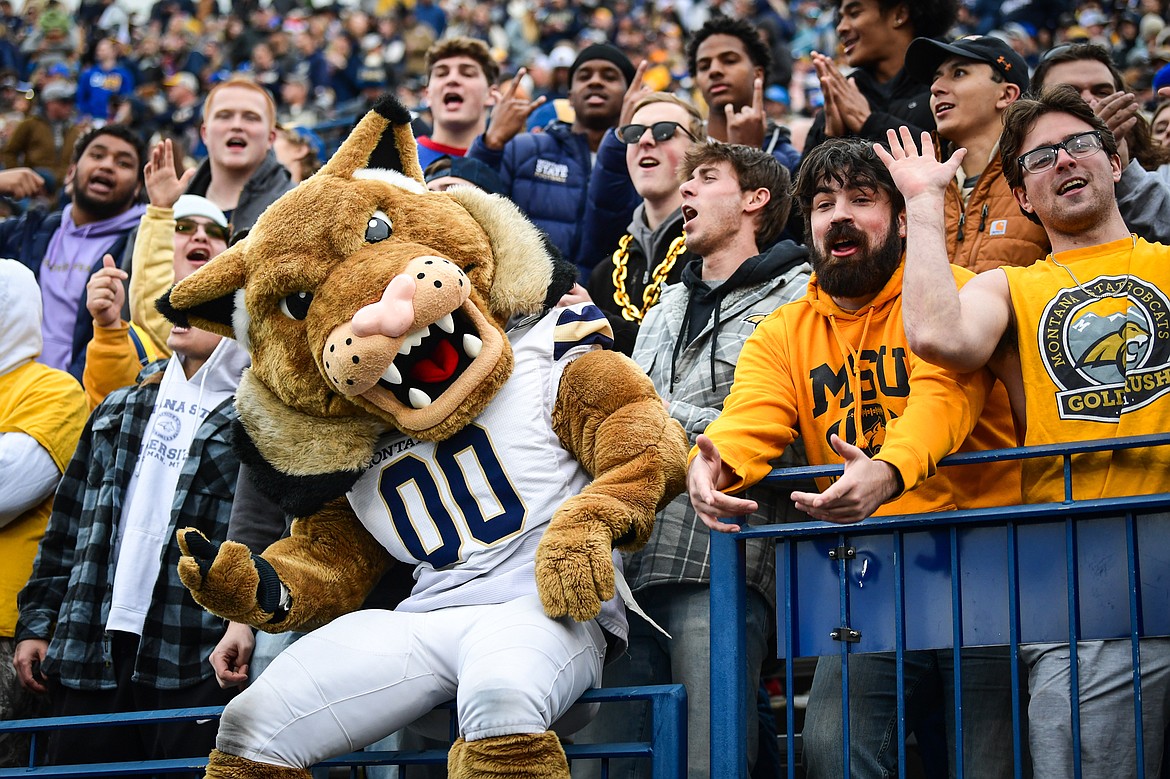 Montana State fans cheer on the Bobcats with Champ during an FCS semifinal game against South Dakota at Bobcat Stadium on Saturday, Dec. 21. (Casey Kreider/Daily Inter Lake)