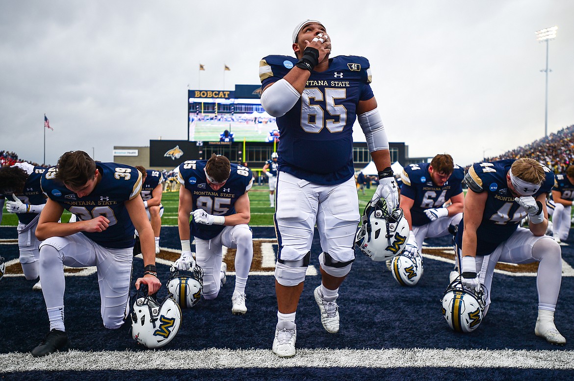 Montana State center Justus Perkins (65) blows a kiss before an FCS semifinal game against South Dakota at Bobcat Stadium on Saturday, Dec. 21. (Casey Kreider/Daily Inter Lake)