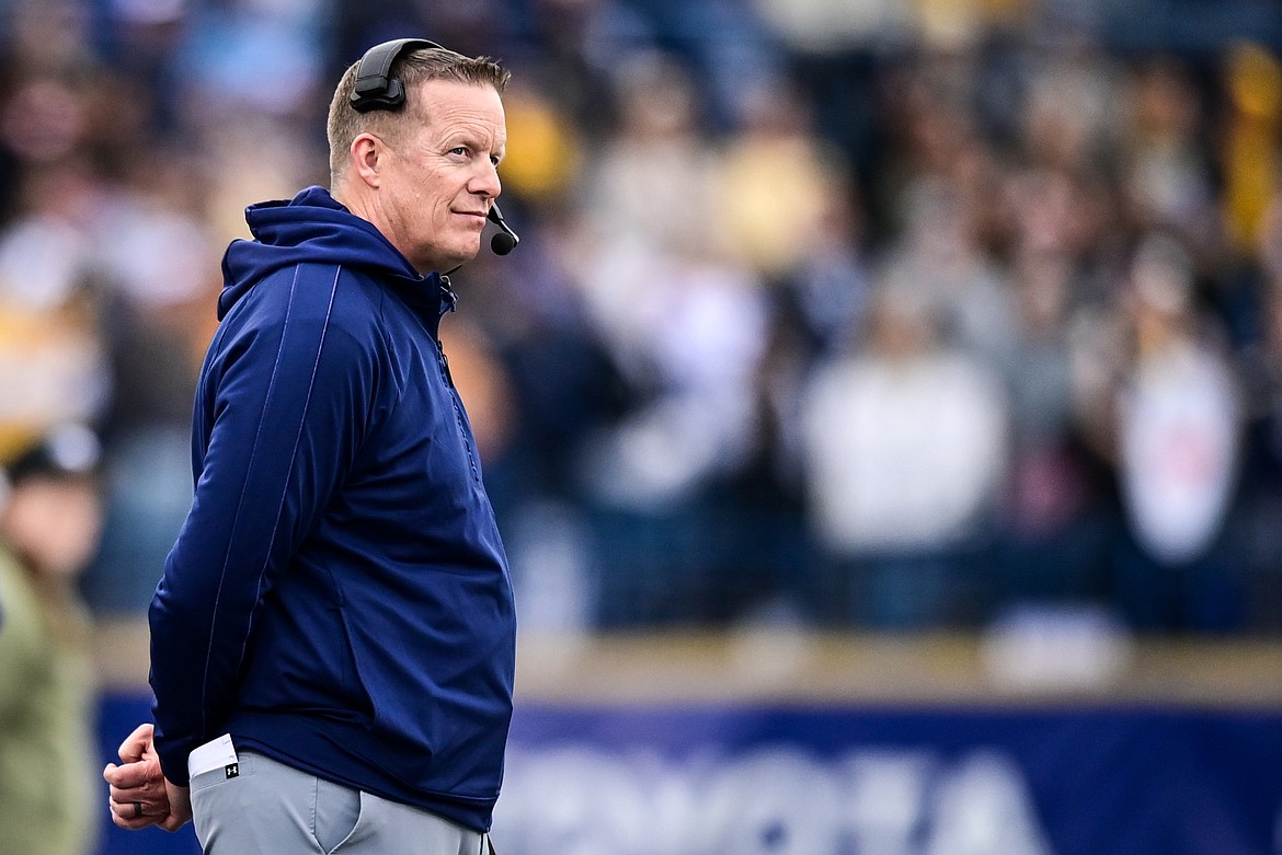 Montana State head coach Brent Vigen watches a replay on the video board during an FCS semifinal game against South Dakota at Bobcat Stadium on Saturday, Dec. 21. (Casey Kreider/Daily Inter Lake)