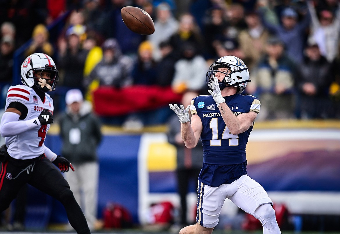 Montana State wide receiver Taco Dowler (14) catches a 34-yard touchdown reception in the first quarter during an FCS semifinal game against South Dakota at Bobcat Stadium on Saturday, Dec. 21. (Casey Kreider/Daily Inter Lake)