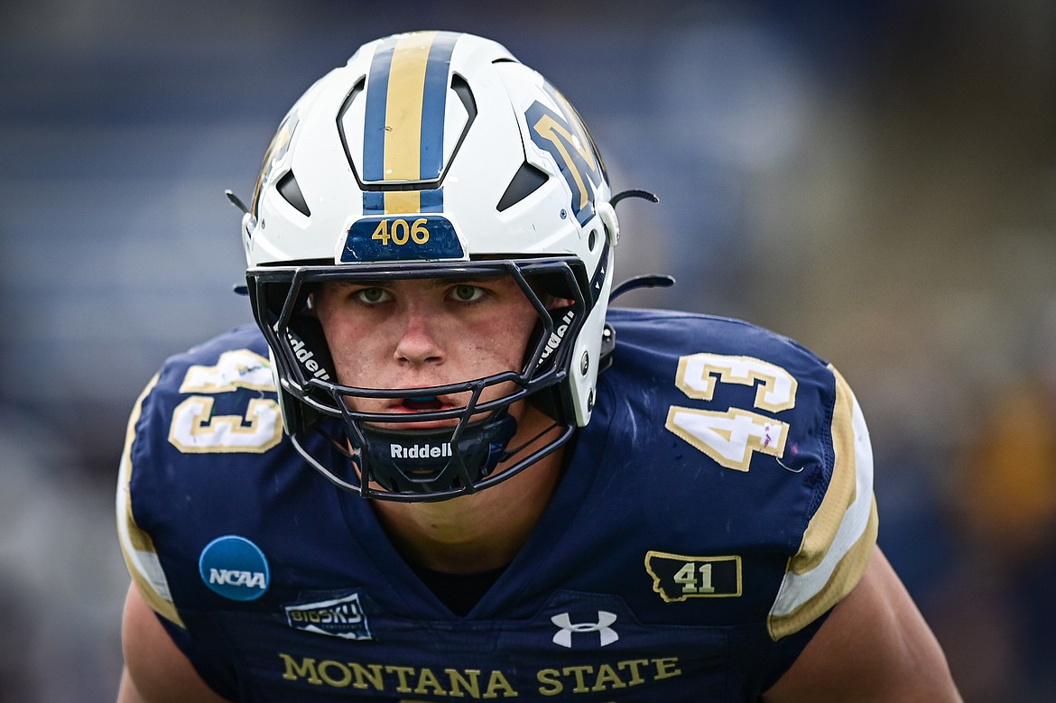 Montana State linebacker McCade O'Reilly (43) warms up before an FCS semifinal game against North Dakota at Bobcat Stadium on Saturday, Dec. 21. (Casey Kreider/Daily Inter Lake)