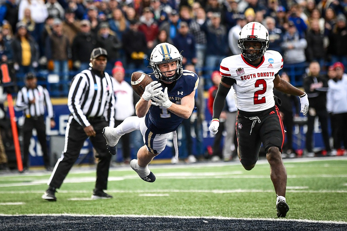 Montana State wide receiver Taco Dowler (14) can't hang on to a pass in the second quarter during an FCS semifinal game against South Dakota at Bobcat Stadium on Saturday, Dec. 21. (Casey Kreider/Daily Inter Lake)