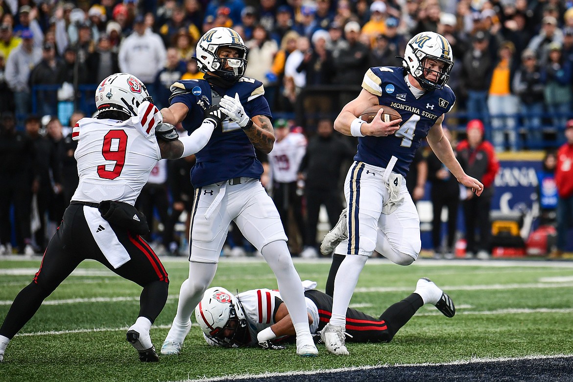 Montana State quarterback Tommy Mellott (4) scores a touchdown on a 5-yard run in the first quarter of an FCS semifinal game against South Dakota at Bobcat Stadium on Saturday, Dec. 21. (Casey Kreider/Daily Inter Lake)