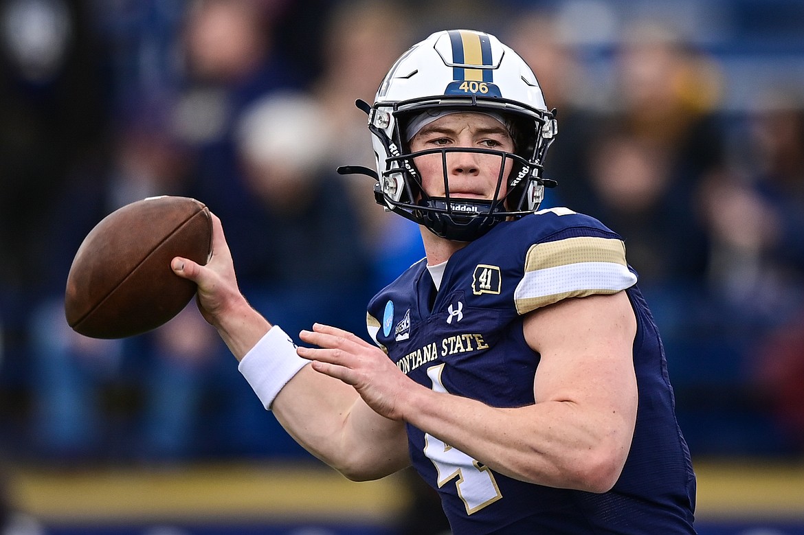 Montana State quarterback Tommy Mellott (4) warms up before an FCS semifinal game against South Dakota at Bobcat Stadium on Saturday, Dec. 21. (Casey Kreider/Daily Inter Lake)