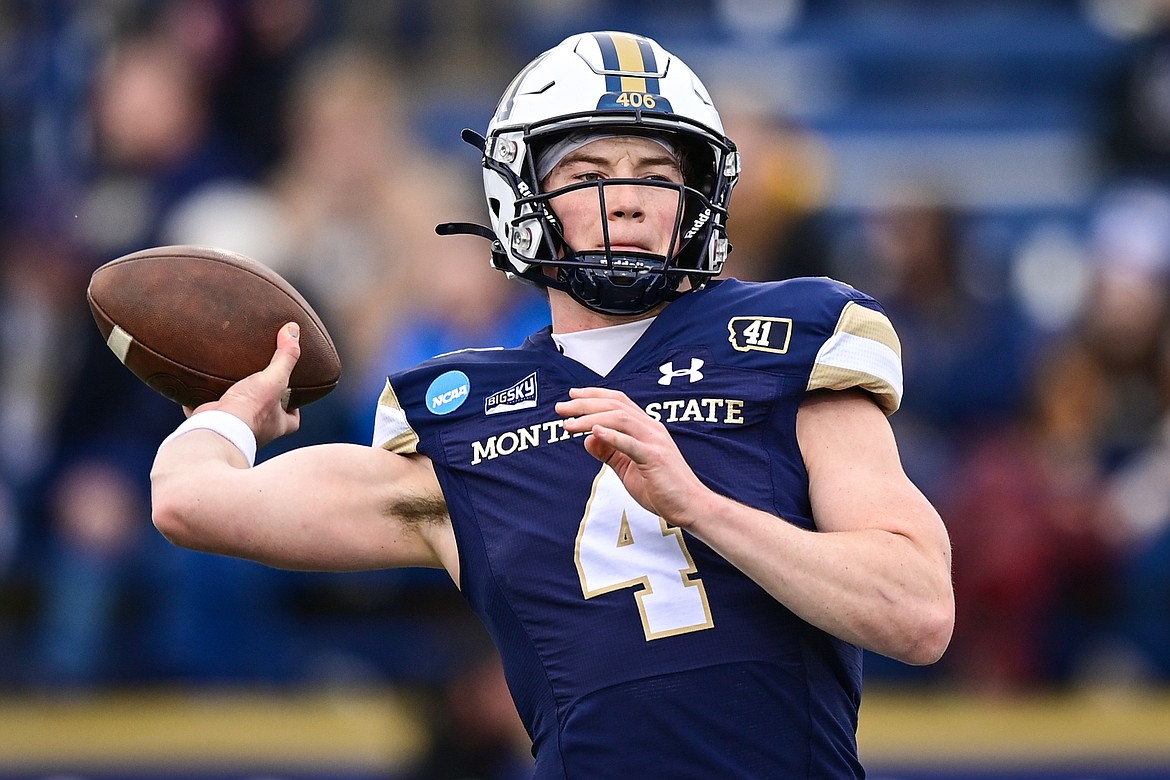 Montana State quarterback Tommy Mellott (4) warms up before an FCS semifinal game against South Dakota at Bobcat Stadium on Saturday, Dec. 21. (Casey Kreider/Daily Inter Lake)