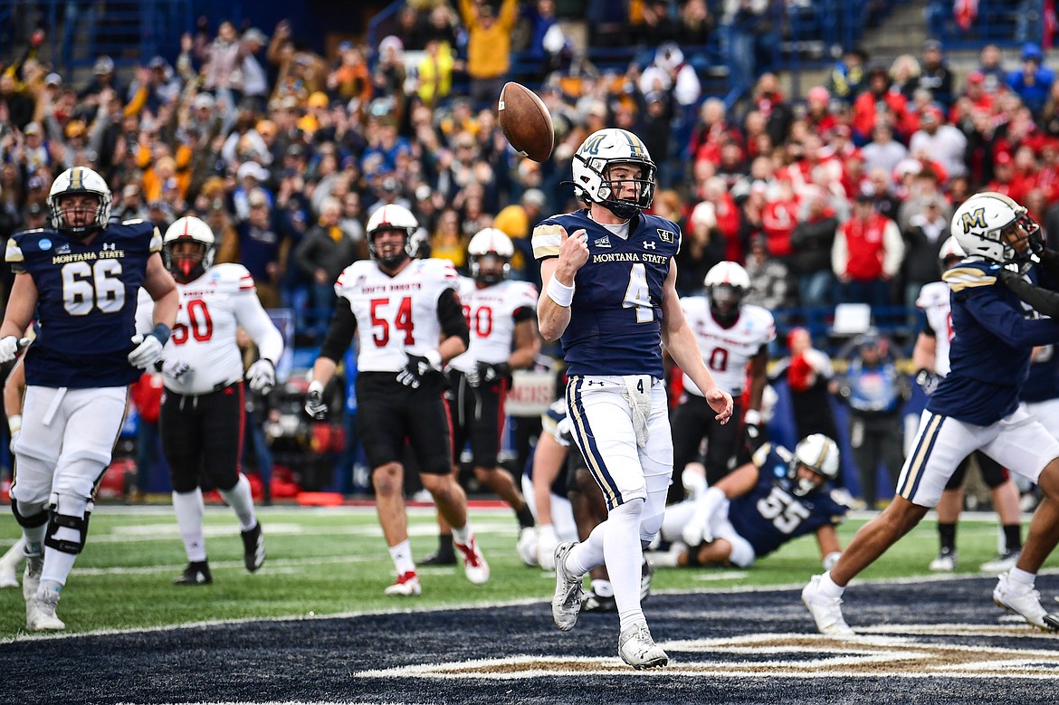 Montana State quarterback Tommy Mellott (4) scores a touchdown on a 5-yard run in the first quarter of an FCS semifinal game against South Dakota at Bobcat Stadium on Saturday, Dec. 21. (Casey Kreider/Daily Inter Lake)