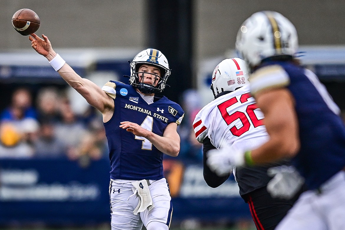 Montana State quarterback Tommy Mellott (4) drops back to pass in the second quarter during an FCS semifinal game against South Dakota at Bobcat Stadium on Saturday, Dec. 21. (Casey Kreider/Daily Inter Lake)