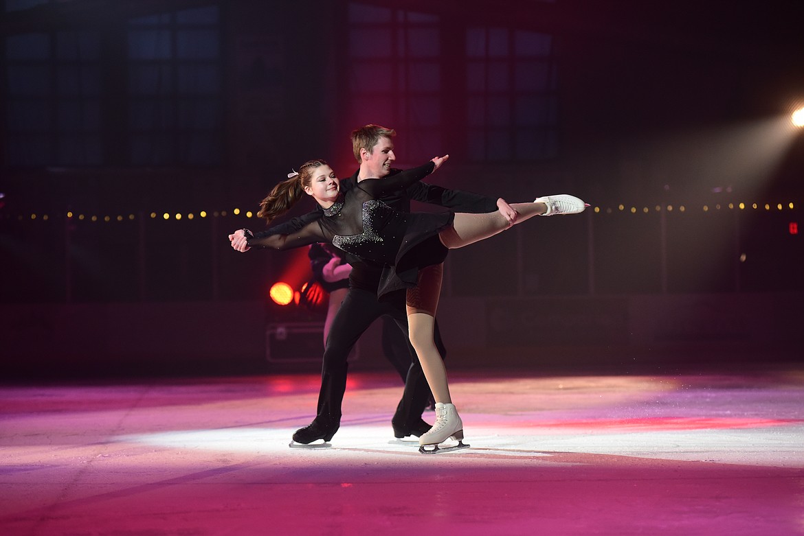 Estelle Muhlner and Vaughn Irwin in synch at Glacier Skate Academy's Wonderland On Ice show Saturday, Dec. 21 at Stumptown Ice Den in Whitefish. (Matt Baldwin/Whitefish Pilot)