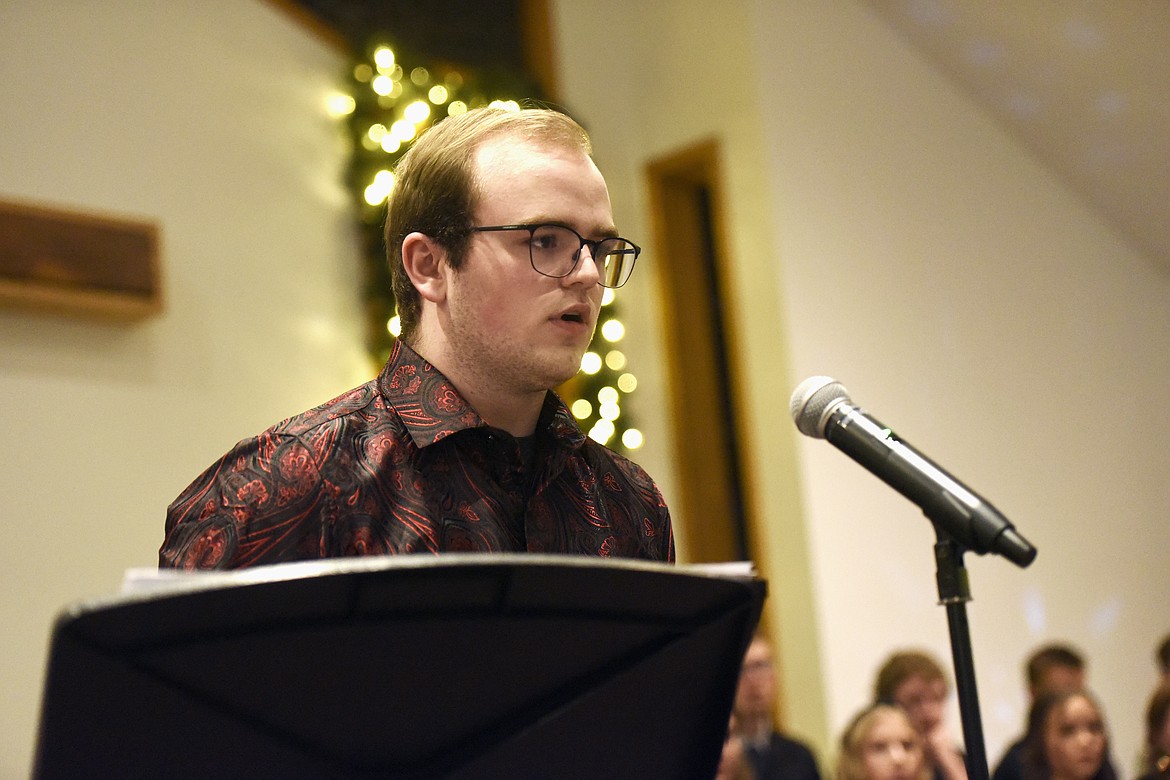 Boden Barr sings a solo in the Bigfork High School choir’s performance at Bigfork Community United Methodist Church Tuesday, Dec. 17. (Avery Howe/Bigfork Eagle)